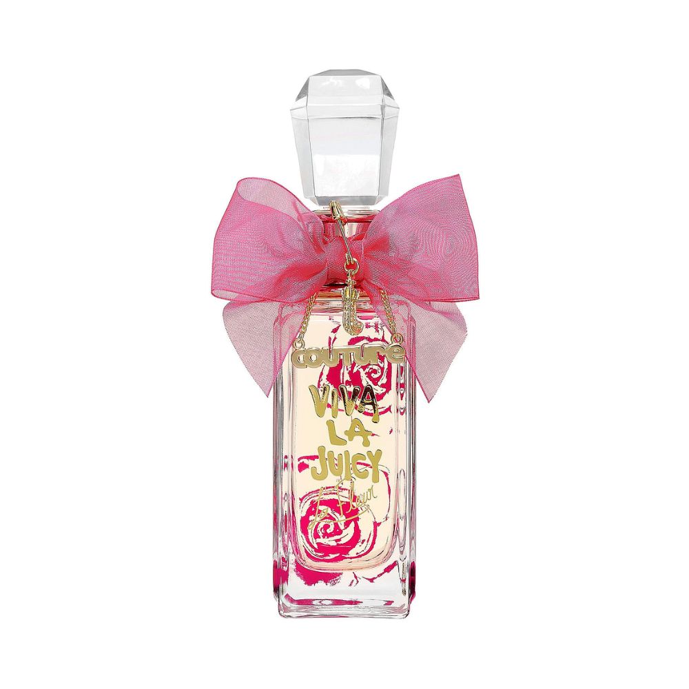 VIVA LA JUICY LA FLEUR perfume bottle with a pink bow and gold charms.